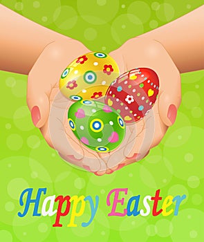 Easter background with hands and Easter eggs