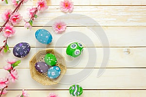 Easter background.Happy easter eggs pained on basket al photo