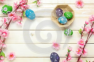 Easter background.Happy easter eggs pained on basket al photo
