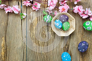 Easter background.Happy easter eggs pained on nest also