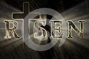 Easter background with Jesus Christ cross and risen text written, engraved, carved on stone