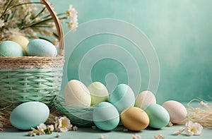 Easter background. A lot of Easter eggs in a wicker basket