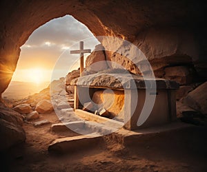 Easter background panorama religious greeting card Crucifixion and Resurrection. Three crosses of Golgotha by sunset