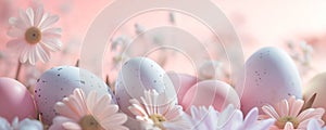 Easter background. Pastel pink and white daisies and easter eggs soft focus still life arrangement