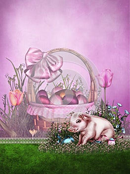 Easter background with a piglet