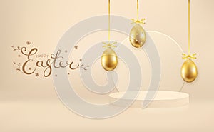 Easter background for product demonstration, golden eggs and pedestal