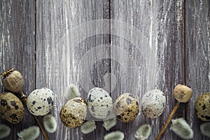 Easter background quail eggs catkins wooden table