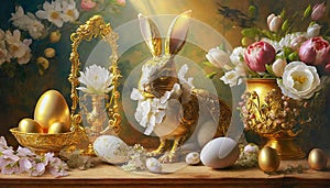 Easter background with a rabbit, golden eggs and spring flowers. Greeting card.
