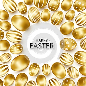 Easter background with realistic golden eggs. Spring egg hunt. Happy holiday greeting card with text lettering, calligraphy. Color