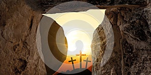 Easter background - Resurrection of Jesus Christ in Golgota / Golgotha jerusalem israel, empty tomb, sunrise and three crucefix