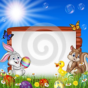 Easter background with small animals and blank sign