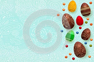 Easter background. Template vector card with realistic 3d render eggs, candies. Copyspace for your text. Doodles hand