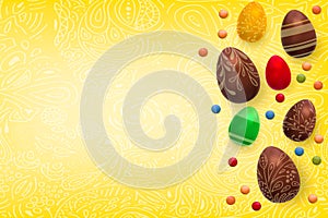 Easter background. Template vector card with realistic 3d render eggs, candies. Copyspace for your text. Doodles hand