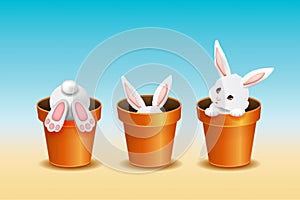 Easter background, three adorable white rabbits in flower pots. Vector illustration