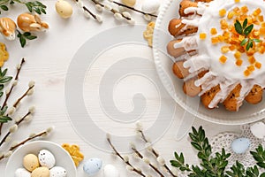 Easter background with traditional yeast cake and festive decoration