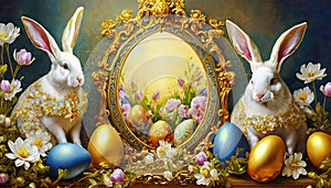 Easter background with two rabbits, golden eggs and spring flowers. Greeting card.