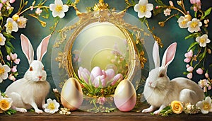 Easter background with two rabbits, golden eggs and spring flowers. Greeting card.