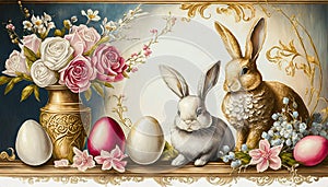 Easter background with a two rabbits, white and red eggs and spring flowers in a golden vase on a table