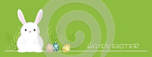 Easter Background Vector Illustration With An Easter Bunny, Colorful Eggs, And Text Space.
