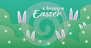 vector easter postcard, happy easter banner green background with eggs and rabbit illustration