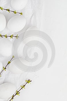 Easter background white eggs green spring twigs