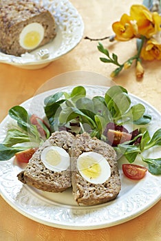 Easter baked meatloaf with boiled eggs