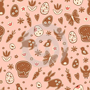 Easter bakery seamless pattern with tasty gingerbread cookies, bunny, chicken, Easter cake, eggs on pink
