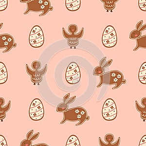 Easter bakery seamless pattern with tasty gingerbread cookies, bunny, chicken and Easter eggs on pink