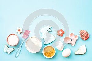 Easter baking background at blue flat lay. photo