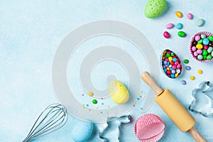 Easter baking background with kitchen tools for holiday sweet bakery top view. Flat lay