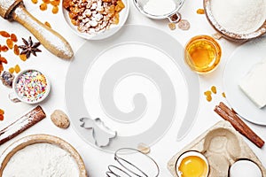 Easter baking ingredients, white food background, top view