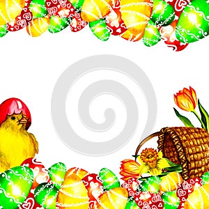 Easter banner with chicken, basket, Easter eggs and flowers. On a white background. Watercolor illustration.