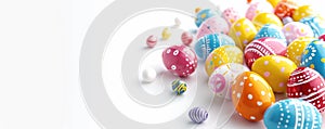 Easter banner with colored eggs in the corner on white background. Yellow, blue, pink and crimson color