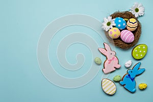 easter banner colorful gingerbread bunny eggs nest