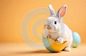 Easter banner with cute Easter bunny hatching from pastel color Easter egg on pastel color background. Illustration of