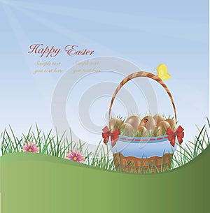 Easter banner with easter eggs in a basket.