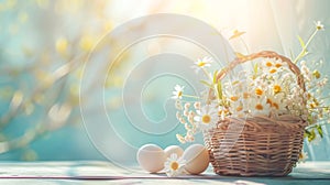 Easter banner with eggs and wicker basket with chamomile flowers on a green meadow. Pastel colors soft morning light