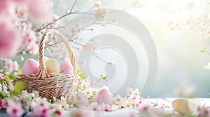 Easter banner with eggs and wicker basket with wildflowers on a green meadow. Pastel colors soft morning light