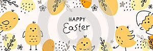 Easter banner. Fashionable Easter design with typography, hand-drawn chickens and eggs. Horizontal poster, greeting card