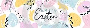 Easter banner, floral design with lettering and eggs and other elements