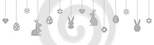 Easter banner with gray hanging baubles. Holiday background with bunny, eggs, flowers, hearts line art icons. Happy