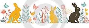 Easter Banner Illustration Vector Set with Green Silhouette of Easter Eggs and Bunny Isolated on White Background