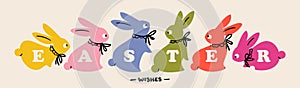 Easter banner with multicolored rabbits. Elegant vector illustration of lovely bunnies with bows. Playful design