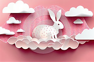 Easter banner. Paper cut style white rabbit on white clouds with pink background