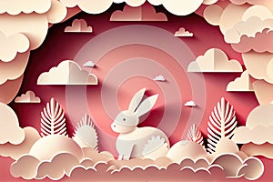 Easter banner. Paper cut style white rabbit on white clouds with pink background