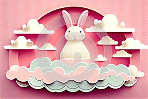 Easter banner. Paper cut style white rabbit on white clouds with pink background