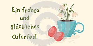 Easter banner template with red Easter eggs and snowdrops flowers growing in a cup