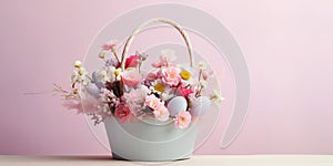 Easter banner with wicker basket with eggs and tender pink spring flowers. Banner with copy-space.