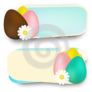 Easter banners collection. Realistic flowers and eggs for Easter sale, celebration and other design