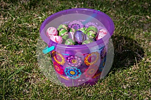 Easter basket with Bright pink and flowers full of Easter egg hidden in green grass